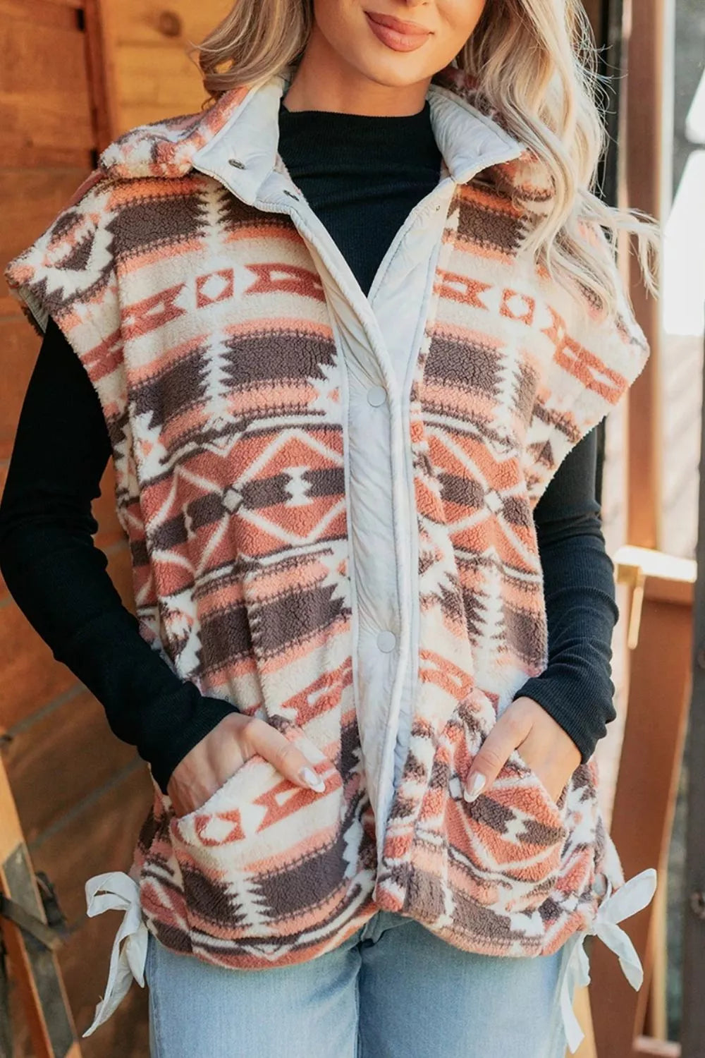 Geometric Print Fleece Metal Button Placket Shift Silhouette Vest - Lilixa.store