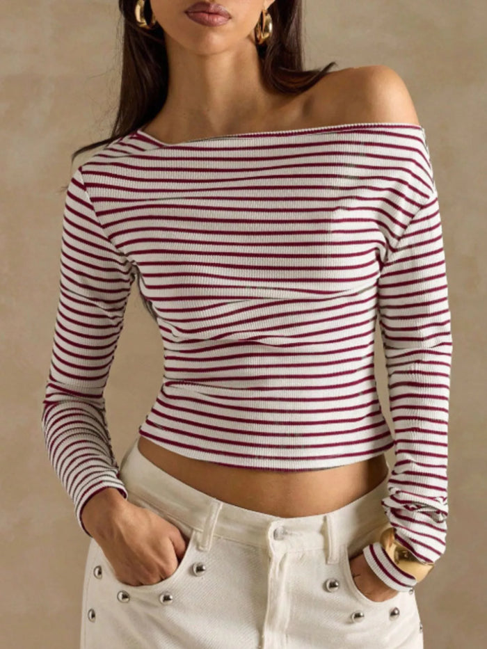 Off-Shoulder Striped Ribbed Long Sleeve T-Shirt in Burgundy