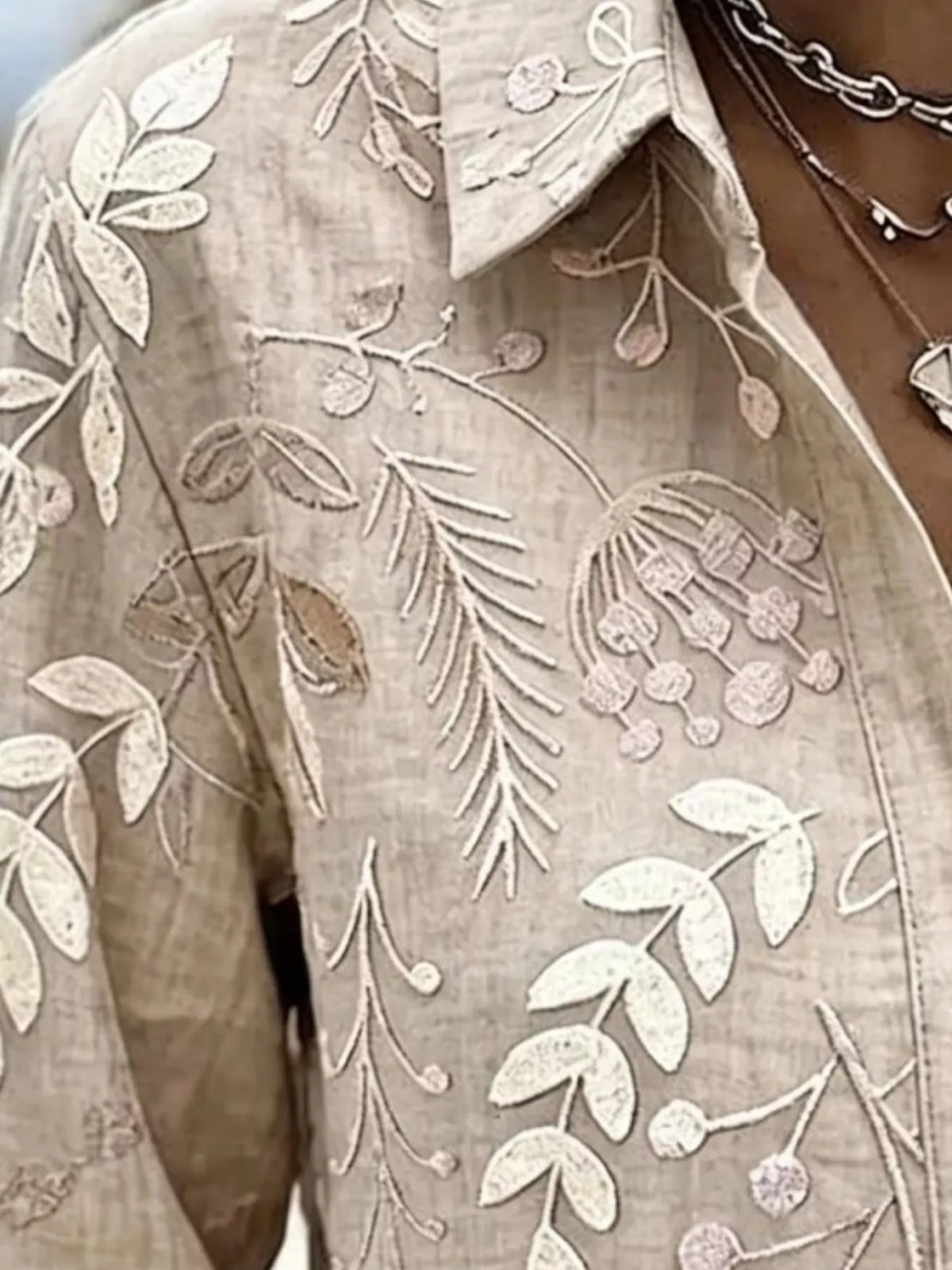 Full Size Leaf Embroidered Button-Down Shirt Plus Size, view 4