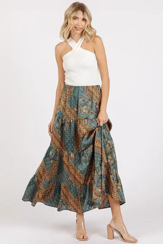 Mittoshop Paisley Patchwork Print Satin Maxi Skirt in Teal Green, view 4