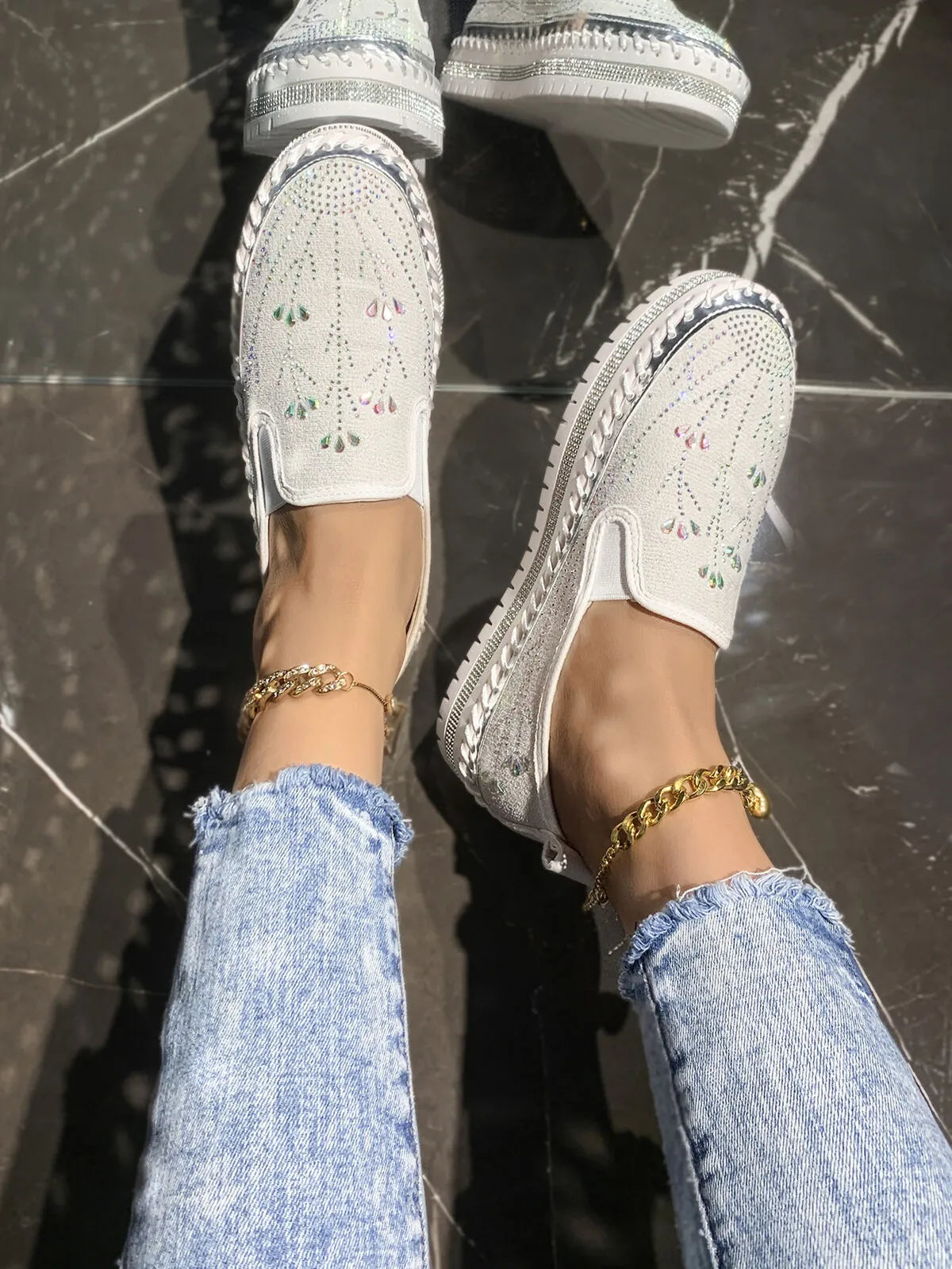 Rhinestone Embellished Platform Loafers in White