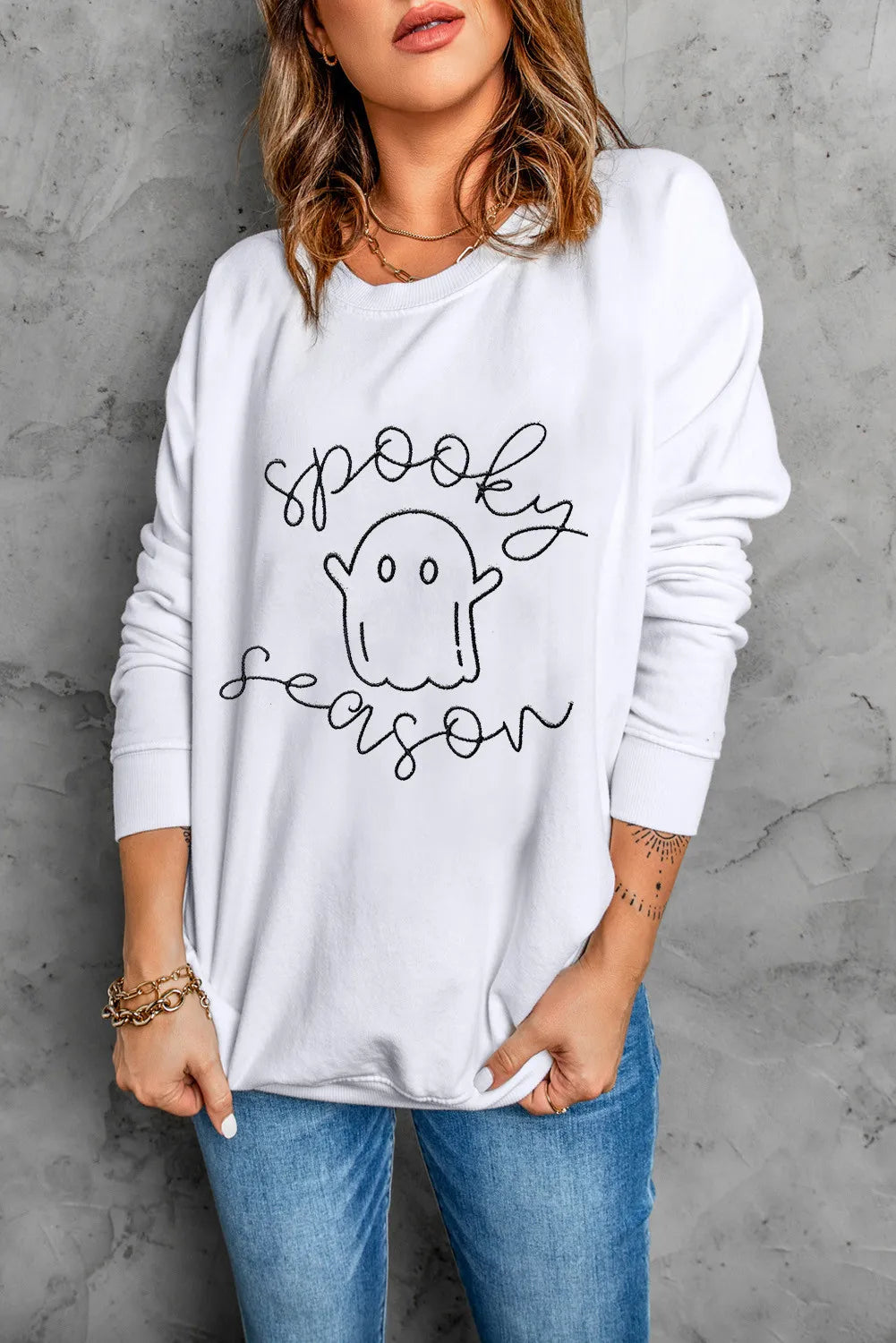 Ghost Graphic Long Sleeve Dropped Shoulder Sweatshirt - Lilixa.store