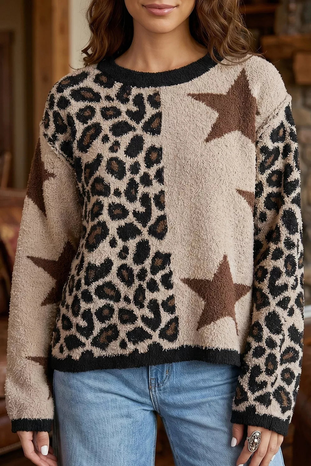 Leopard Star Pattern Round Neck Long Sleeve Shift Sweater - Lilixa.store