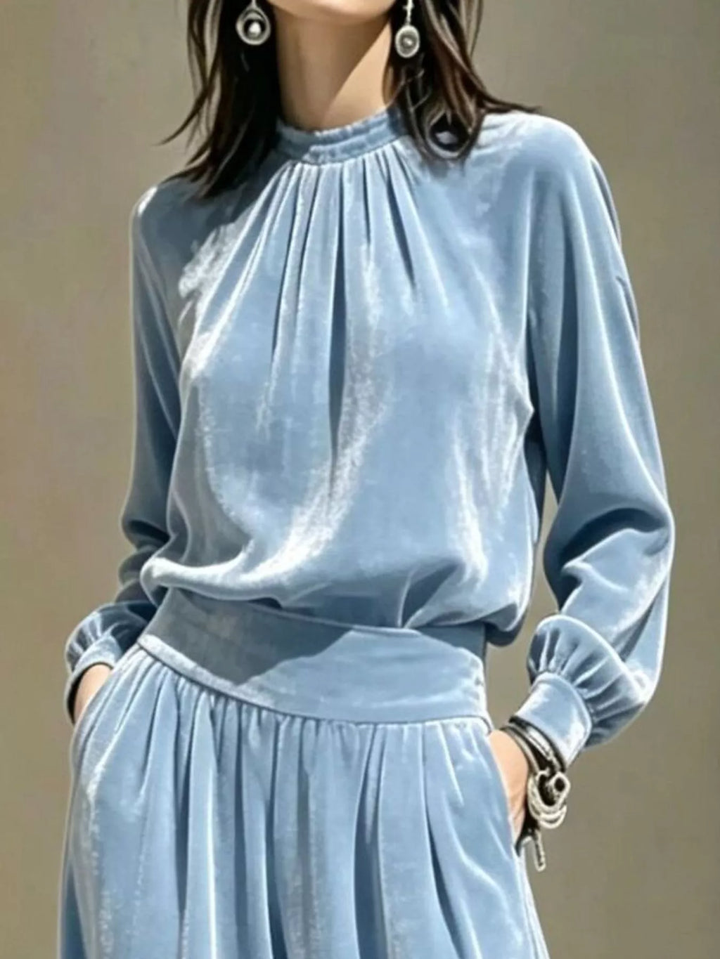 Velvet Mock Neck Long Sleeve Top and Wide-Leg Pants Set - Lilixa.store