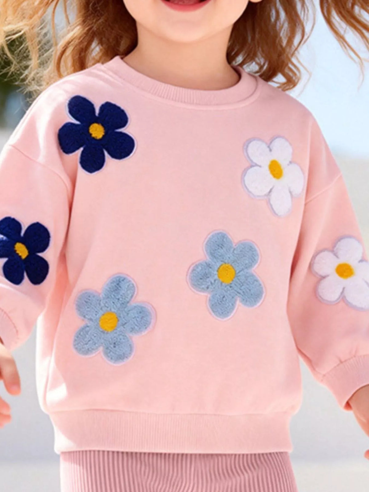 Children's Floral Applique Sweatshirt and Ribbed Leggings Set in Blush Pink, view 2