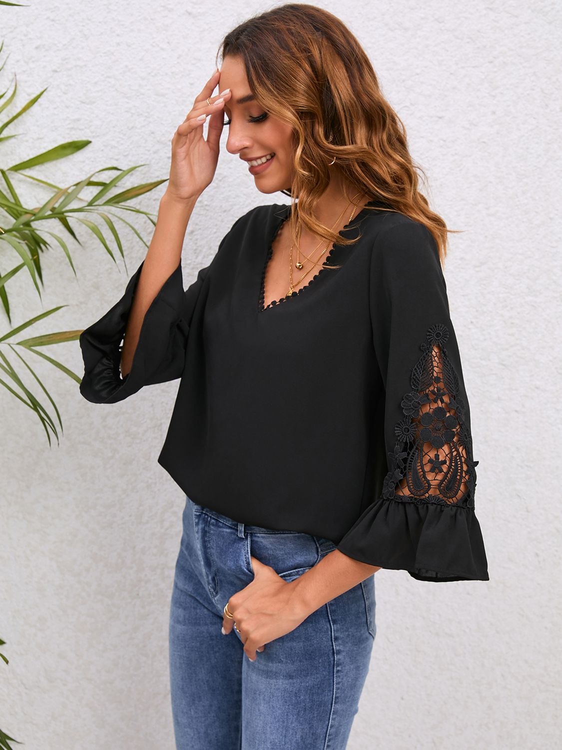 V-Neck Lace Detail Flounce Sleeve Blouse in Black, view 6
