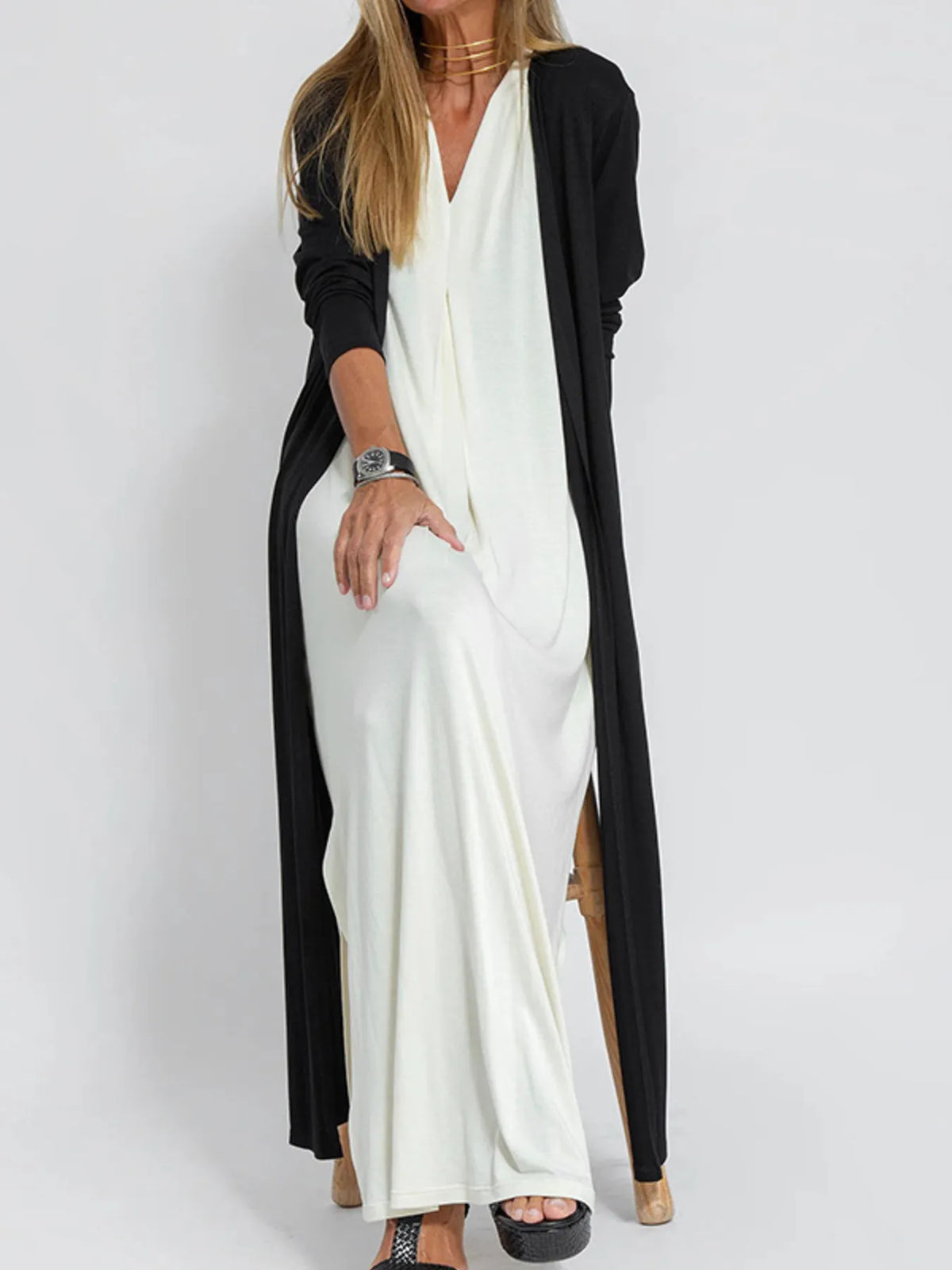 Full Size Open Front Side Slit Longline Cardigan Plus Size in Black