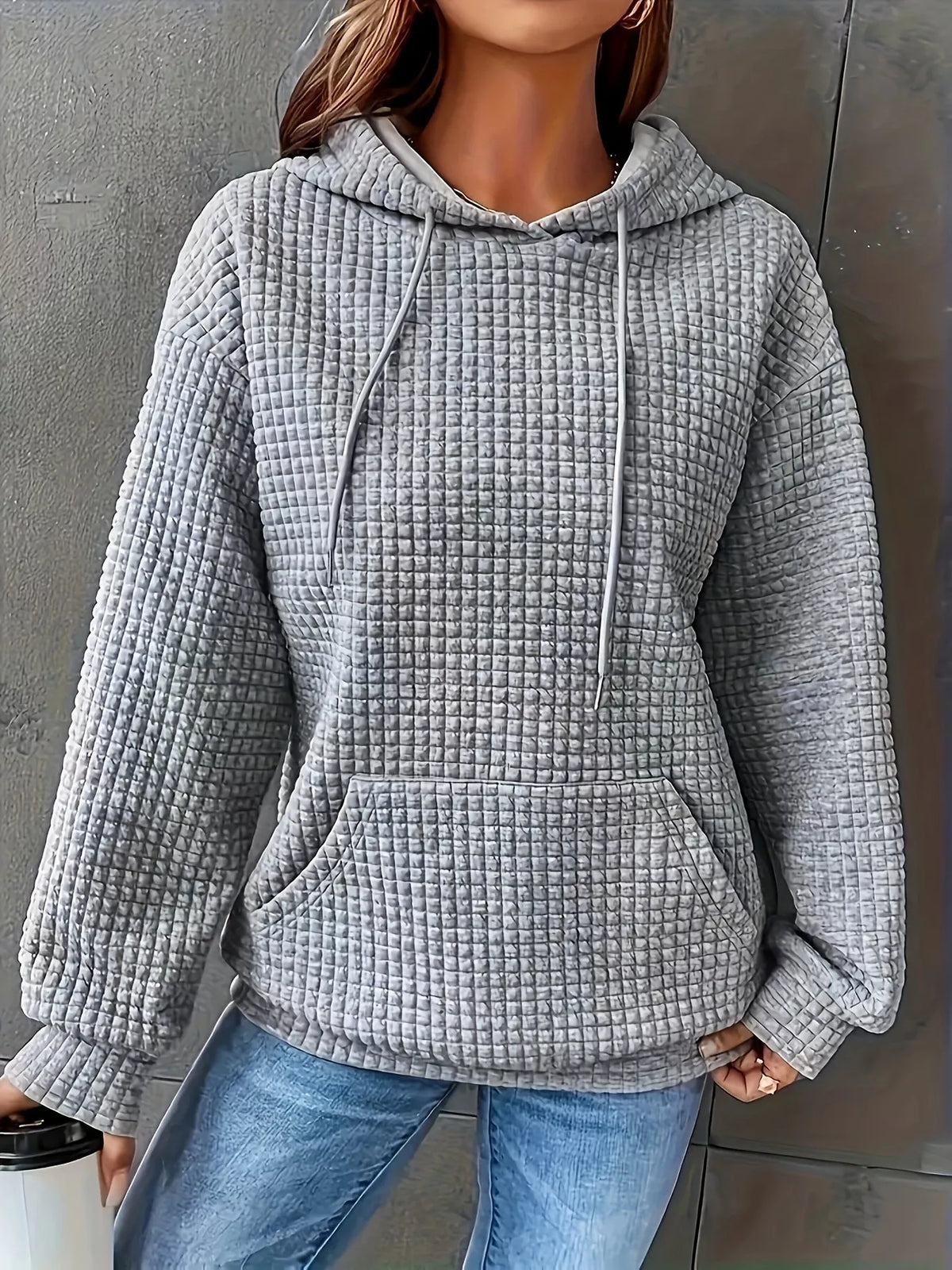 Textured Knit Drawstring Hoodie - Lilixa.store