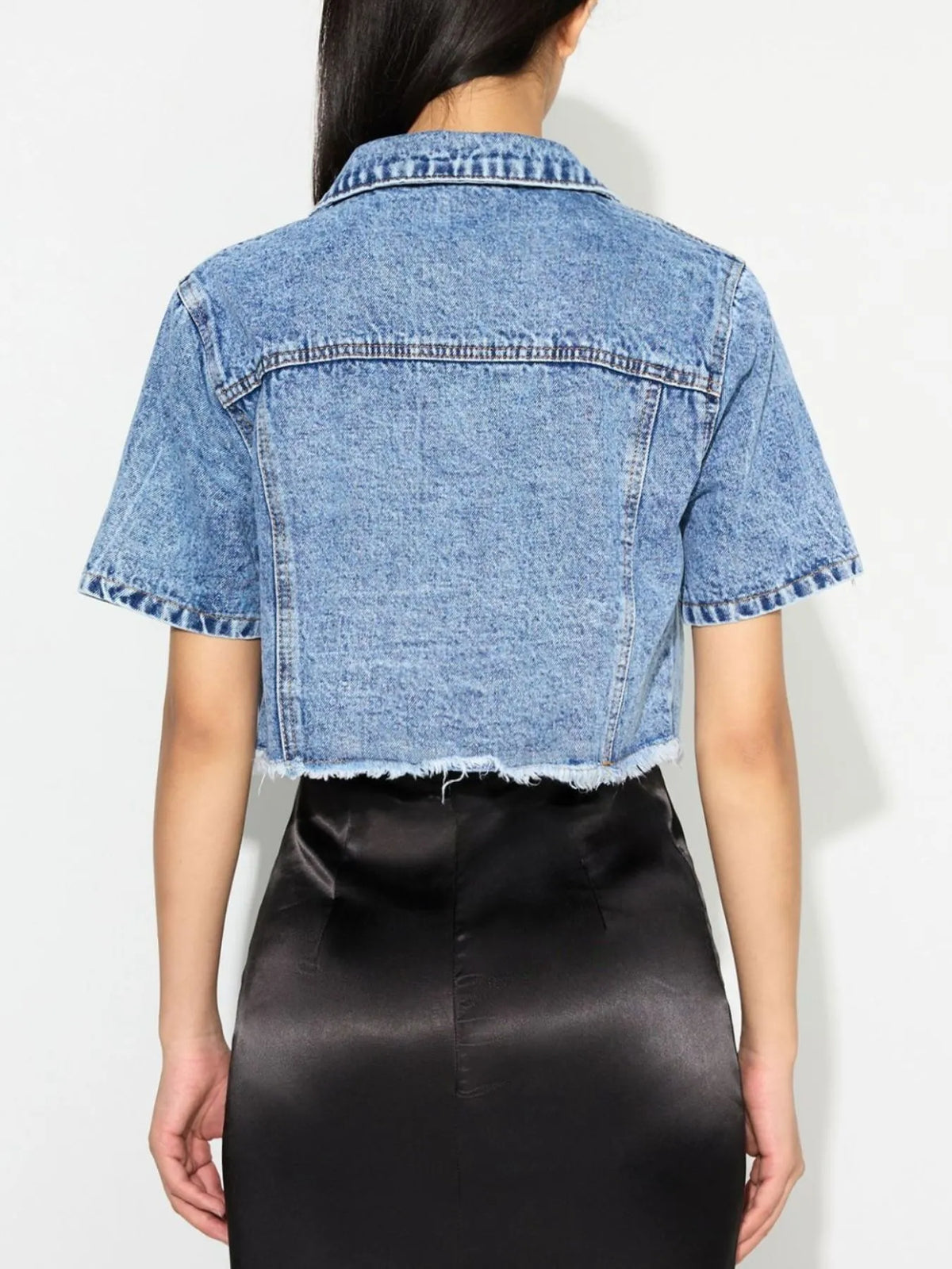 Cropped Short Sleeve Denim Jacket with Frayed Hem in Blue, view 4