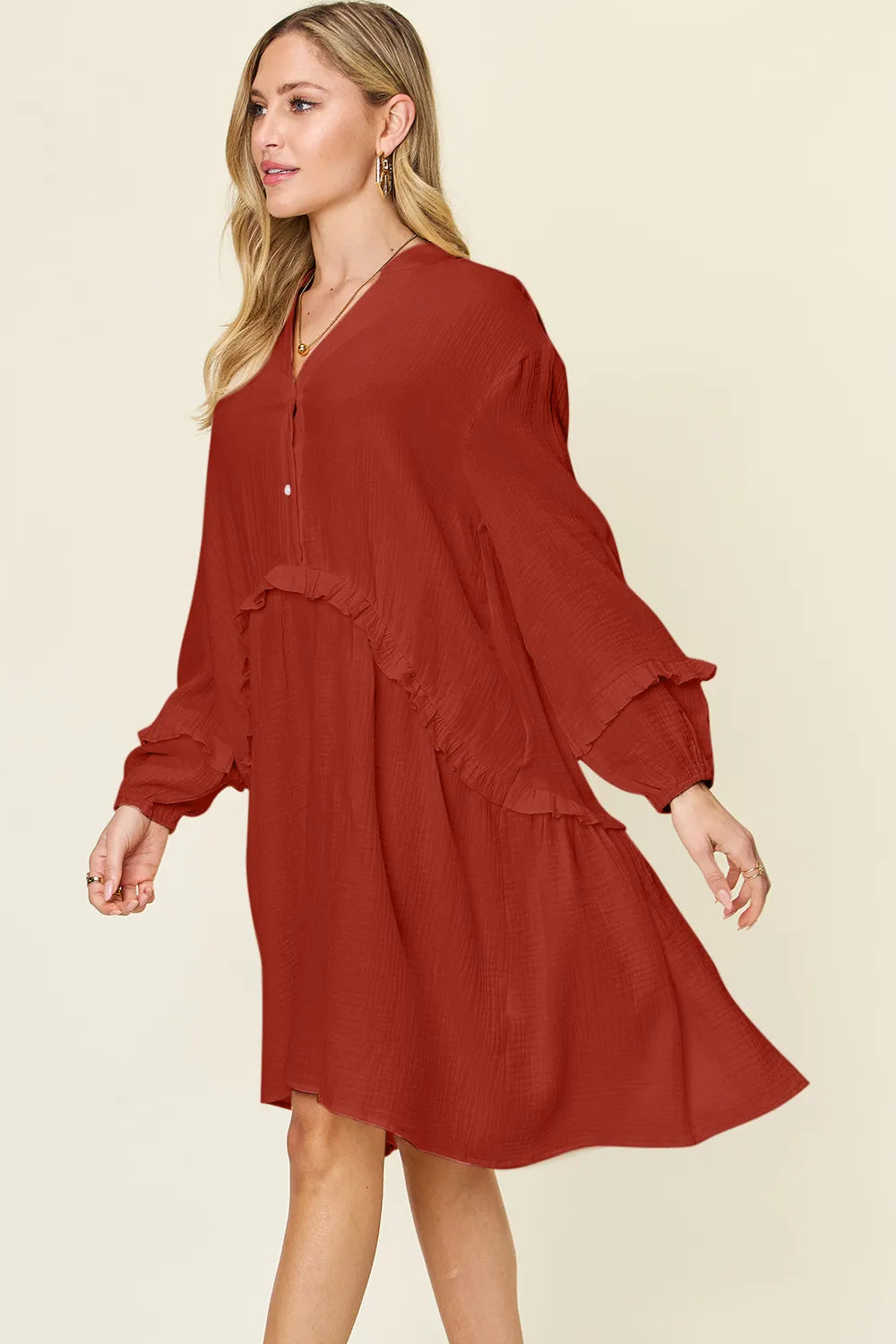 Double Take Full Size Texture Half Button Ruffle Trim Dress - Lilixa.store