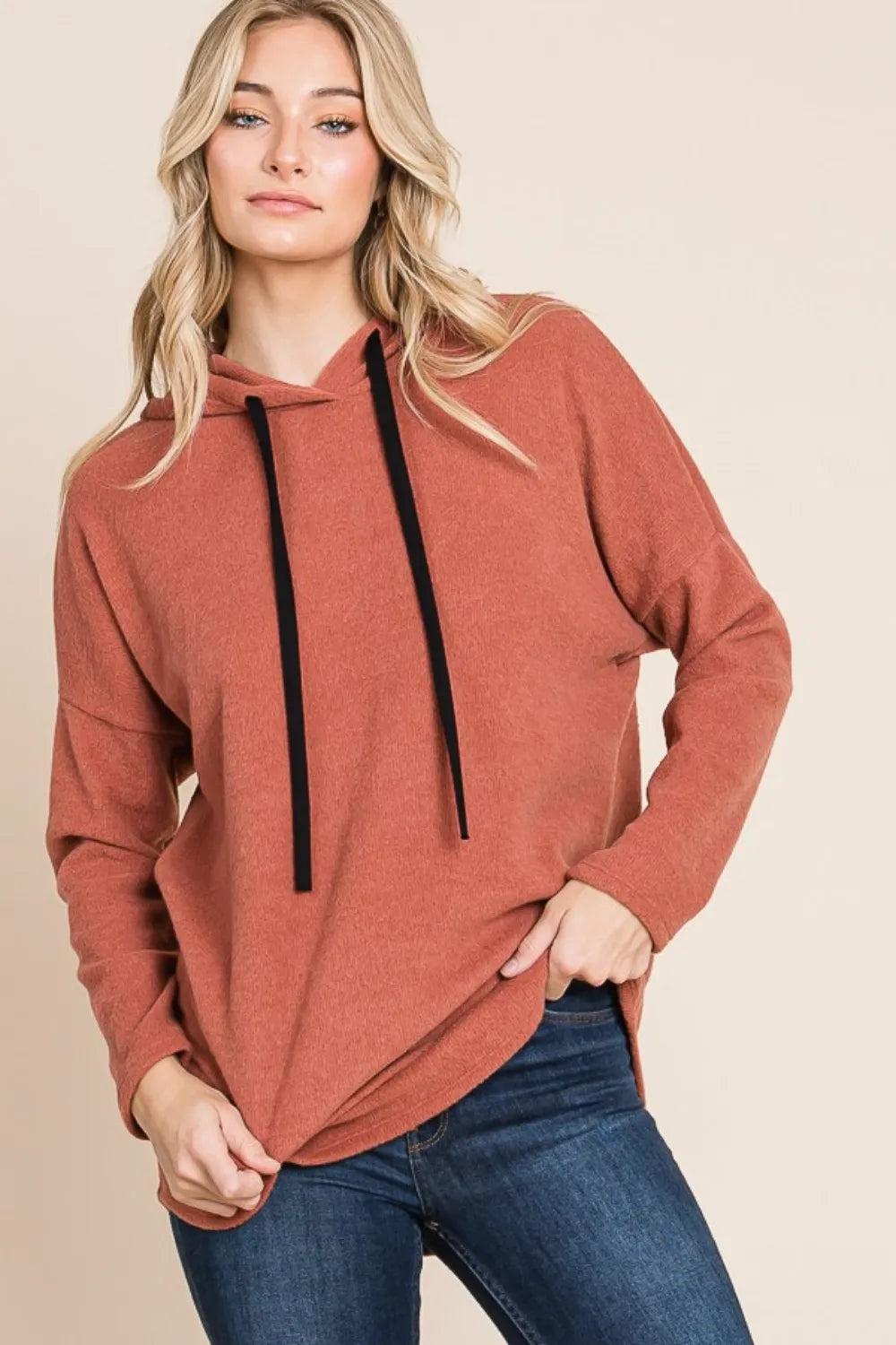 BOMBOM Contrast Drawstring Drop Shoulder Knit Hoodie - Lilixa.store