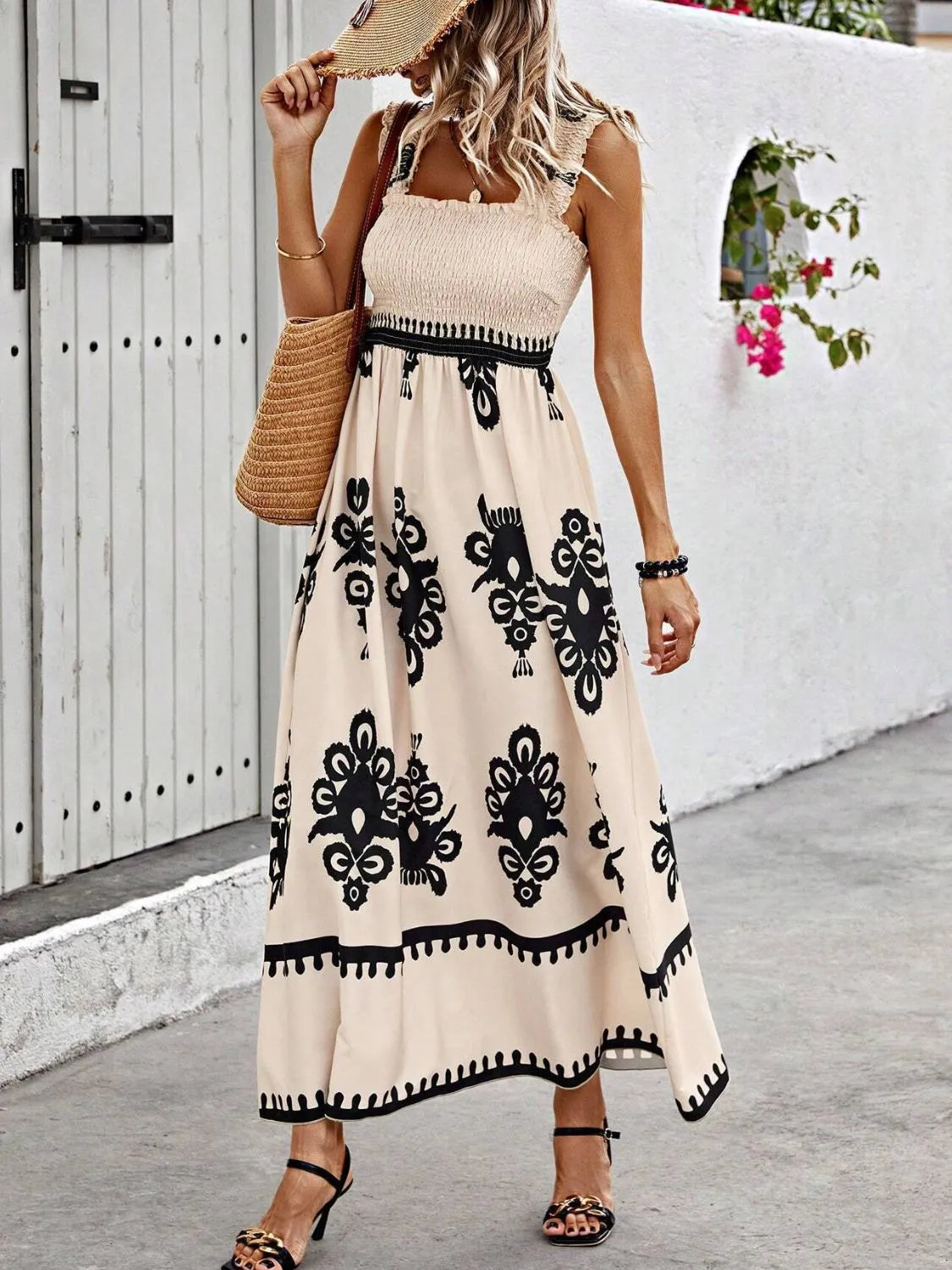 Smocked Printed Wide Strap Maxi Dress in Tan