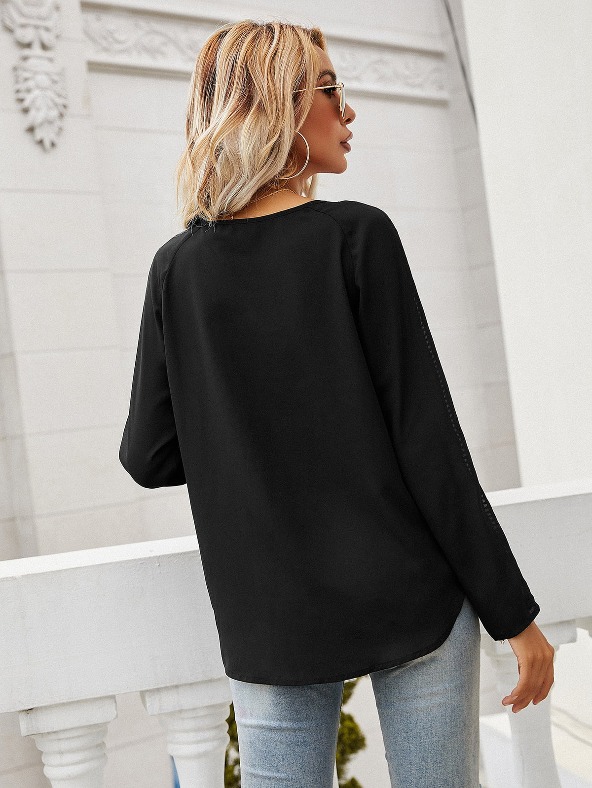 Ivy Lane Tie Neck Long Sleeve Semi-Sheer Blouse in Black, view 2