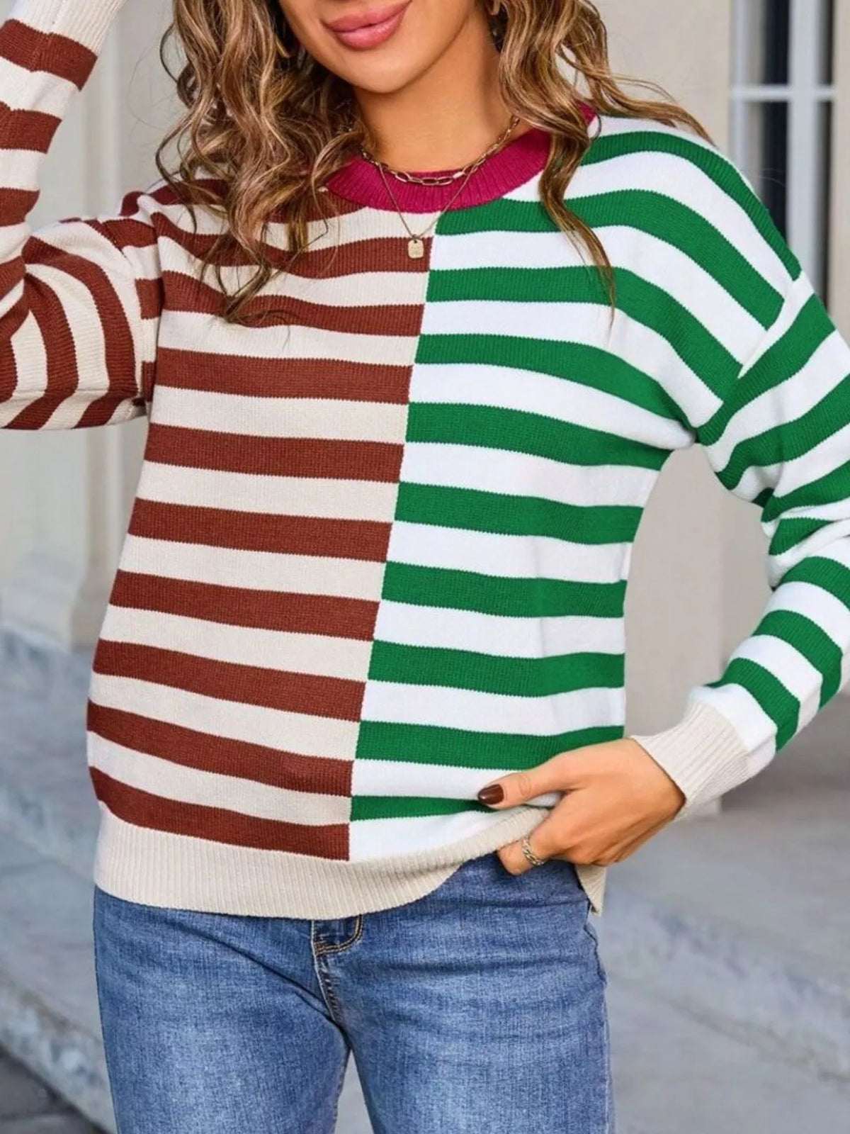 Striped Round Neck Long Sleeve Sweater, view 7
