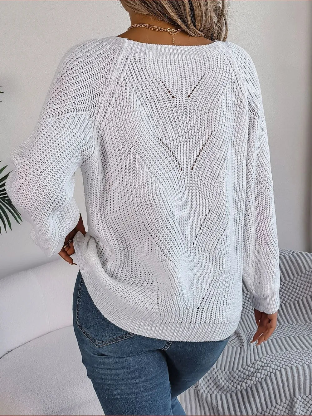 Openwork Buttoned Square Neck Sweater, view 4