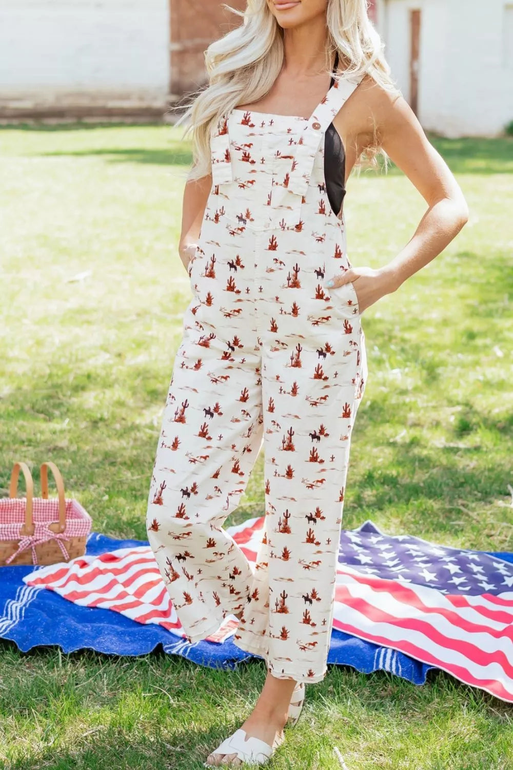 Western Printed Button Adjustable Straps Loose Jumpsuit - Lilixa.store
