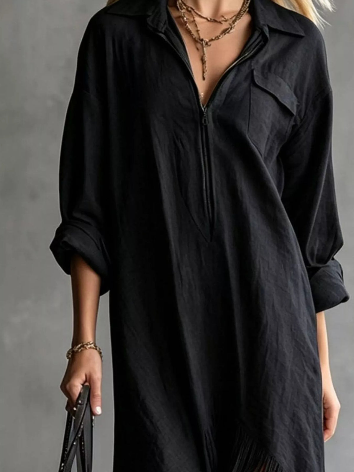 Zipper-Front Fringe Hem Midi Dress