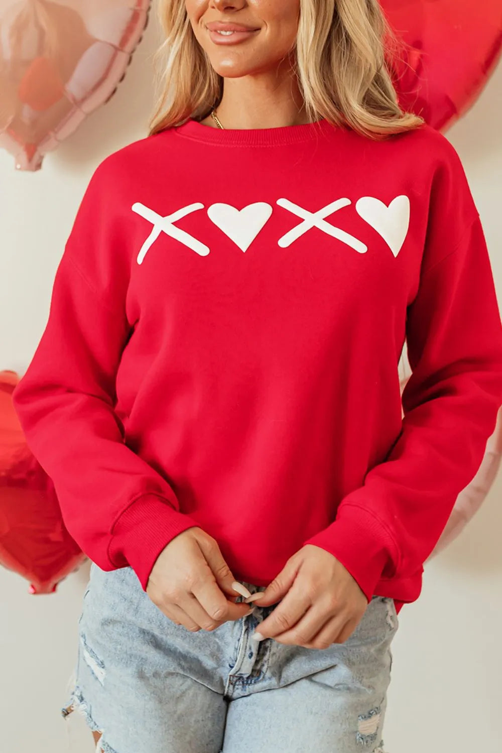 Valentine’s Day XOXO Round Neck Drop Shoulder Sweatshirt - Lilixa.store
