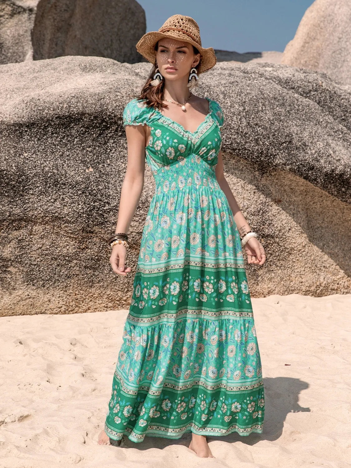 Smocked Printed V-Neck Dress - Lilixa.store