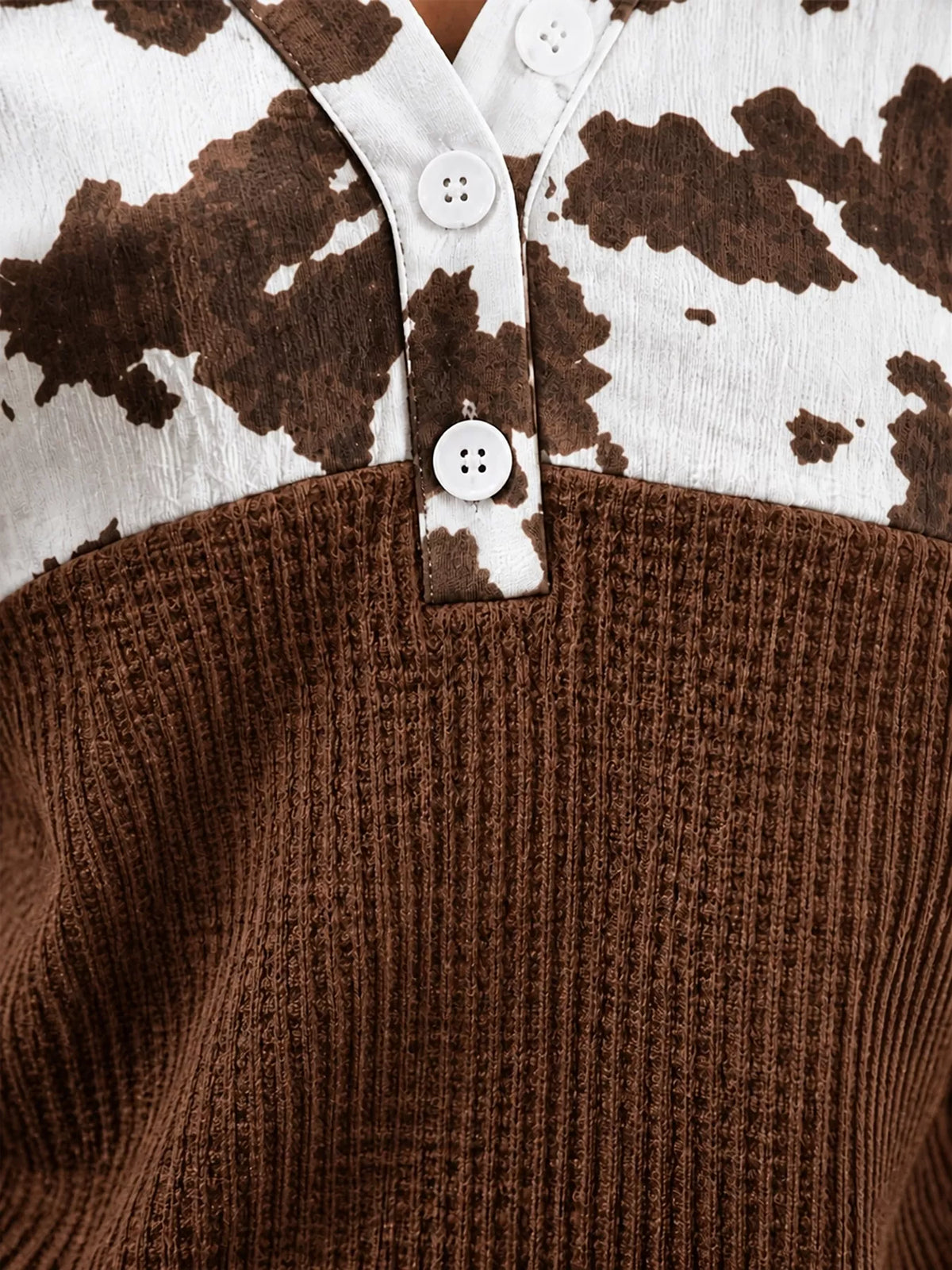 Cow Print Color Block Waffle Knit Blouse - Lilixa.store