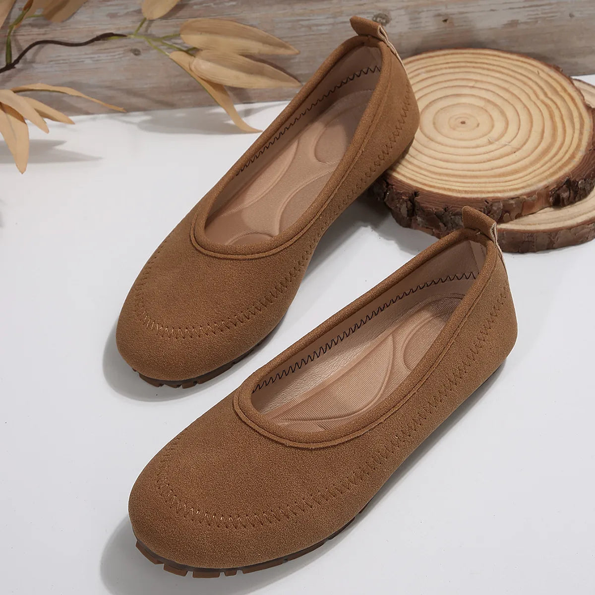 Round Toe Flat Slip-Ons in Tan