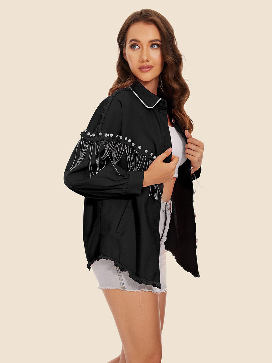Raw Hem Fringe Detail Denim Jacket - Lilixa.store