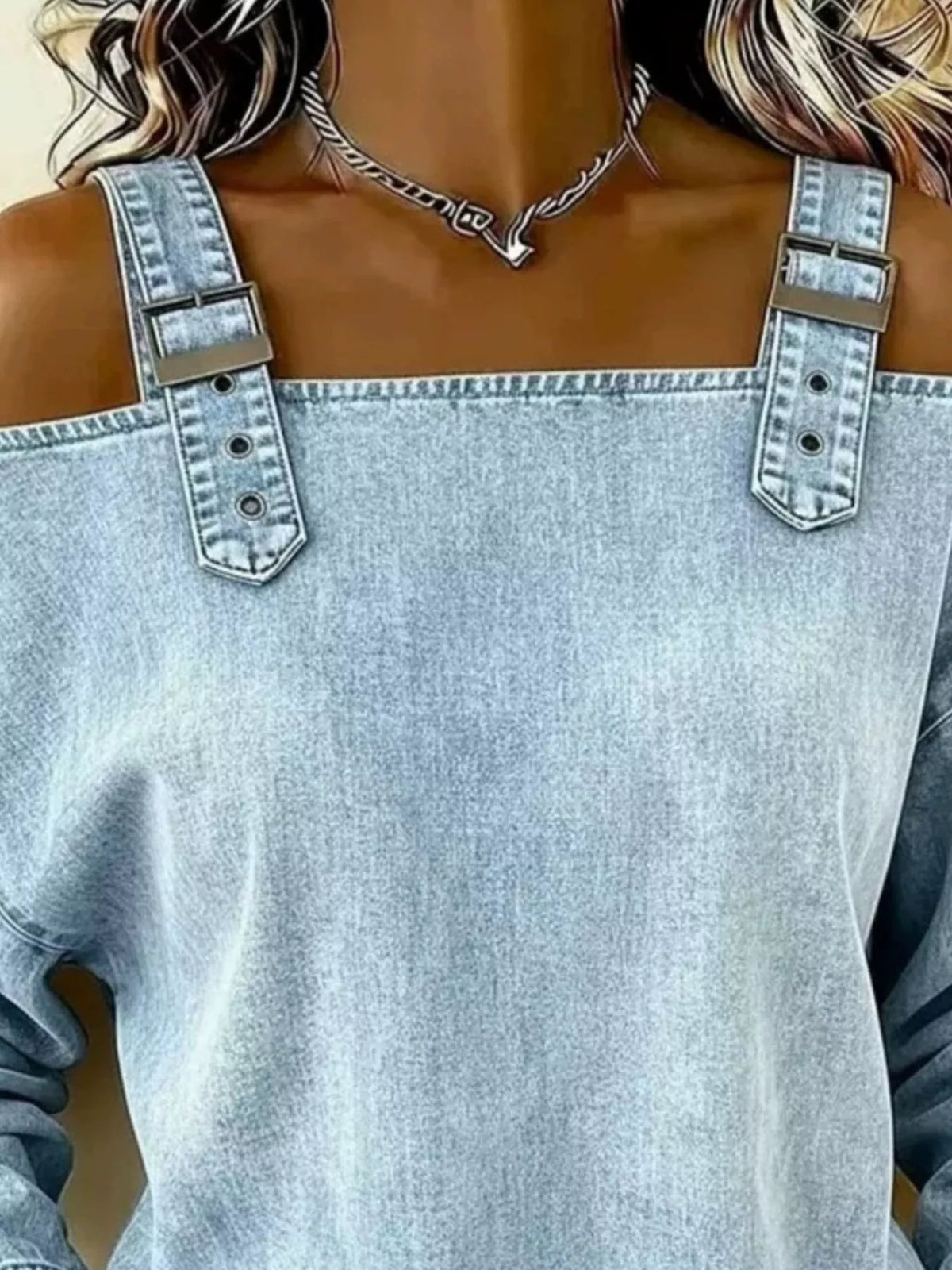Full Size Buckle Strap Long Sleeve Denim Top Plus Size - Lilixa.store