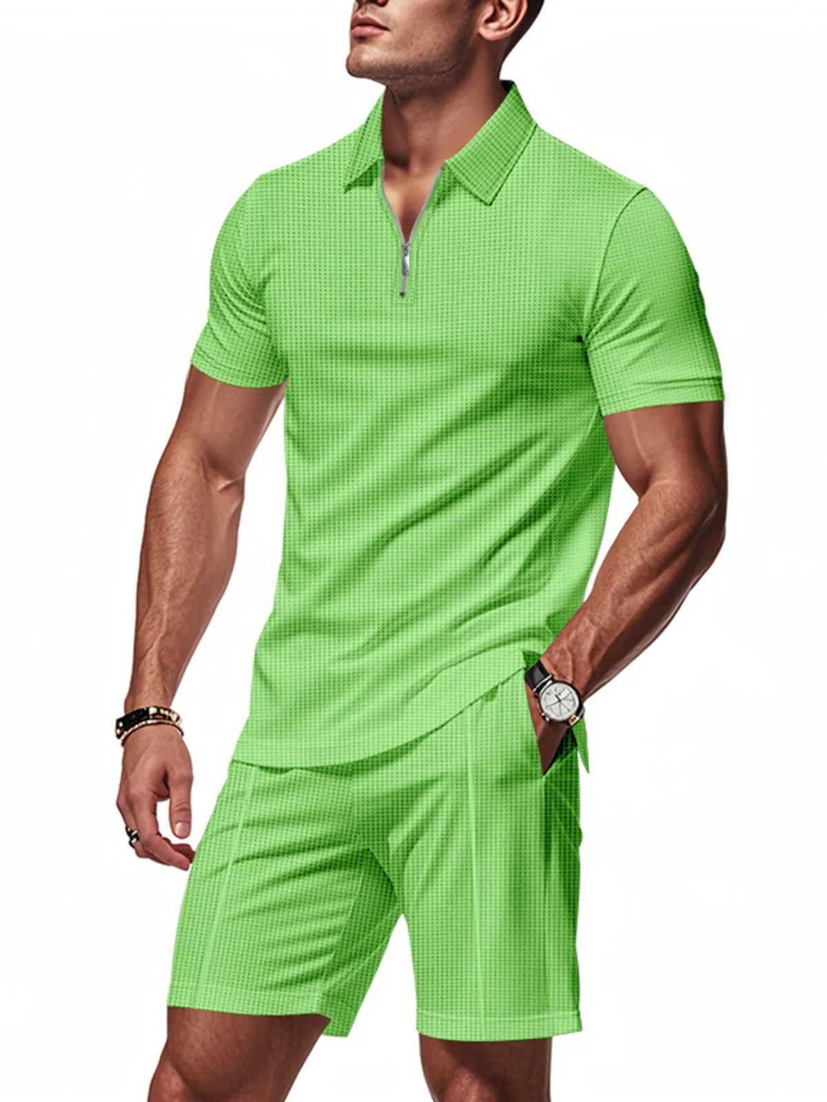 Men's Plus Size Quarter Zip Short Sleeve Top and Shorts Set in Green