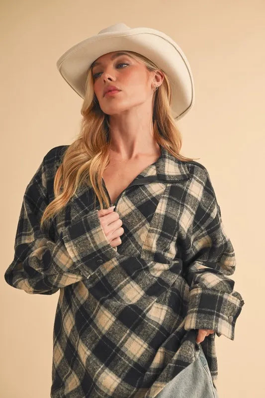 Aemi + Co Slit Plaid Half Zip Drop Shoulder Top - Lilixa.store