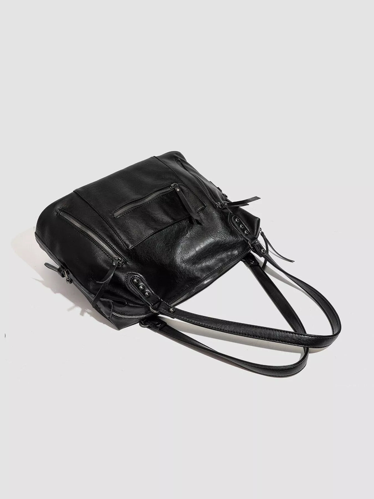 Multi-Pocket Zippered Shoulder Bag in Black, view 4