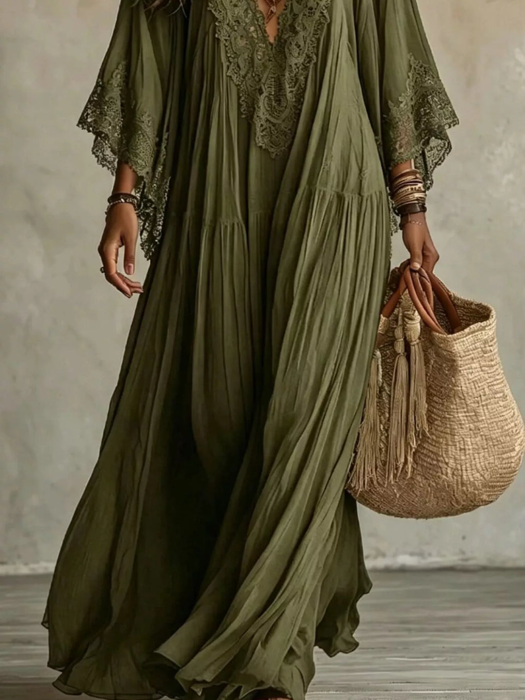 Lace Trim V-Neck Maxi Dress - Lilixa.store
