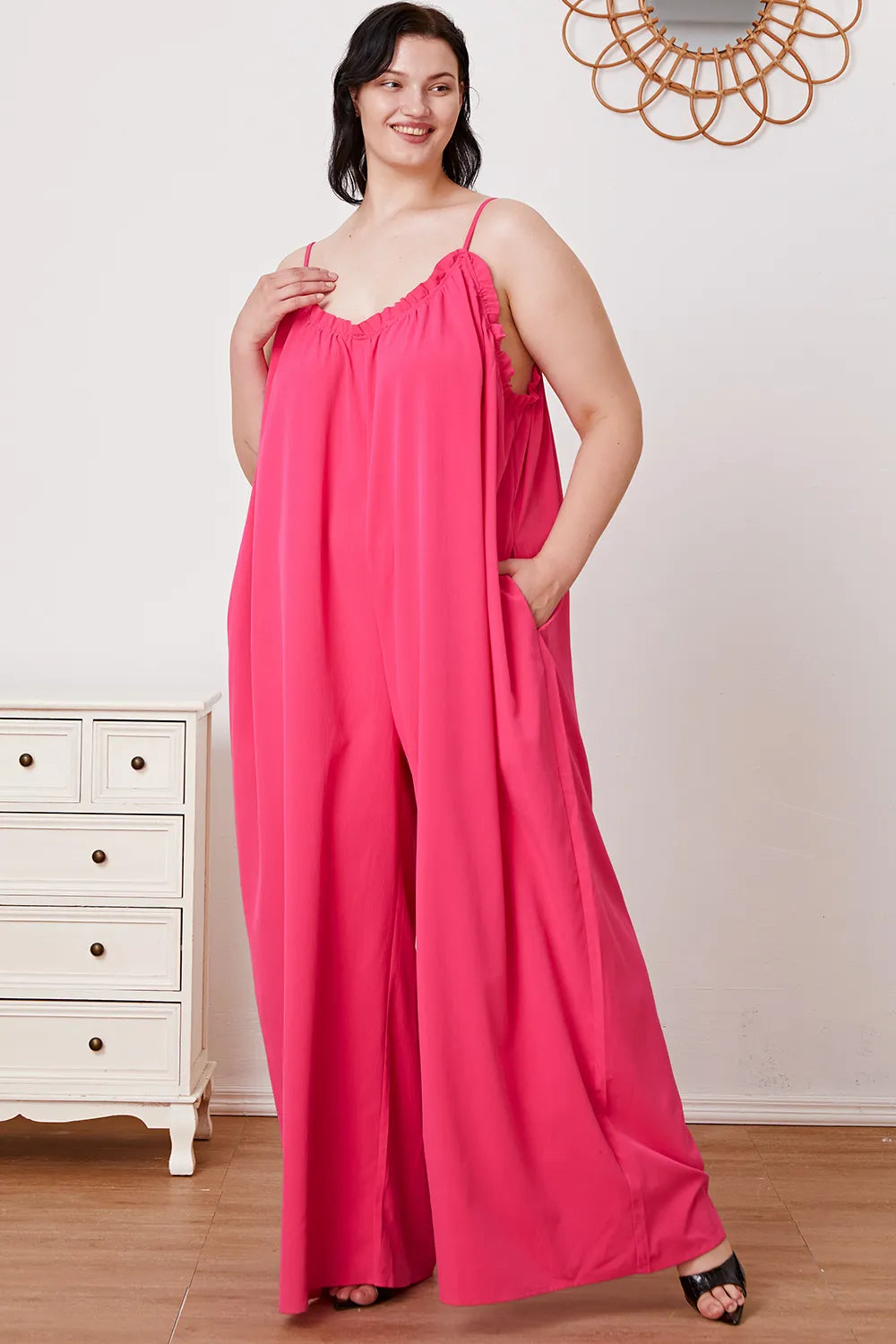 Double Take Full Size Ruffle Trim Tie Back Cami Jumpsuit with Pockets - Lilixa.store