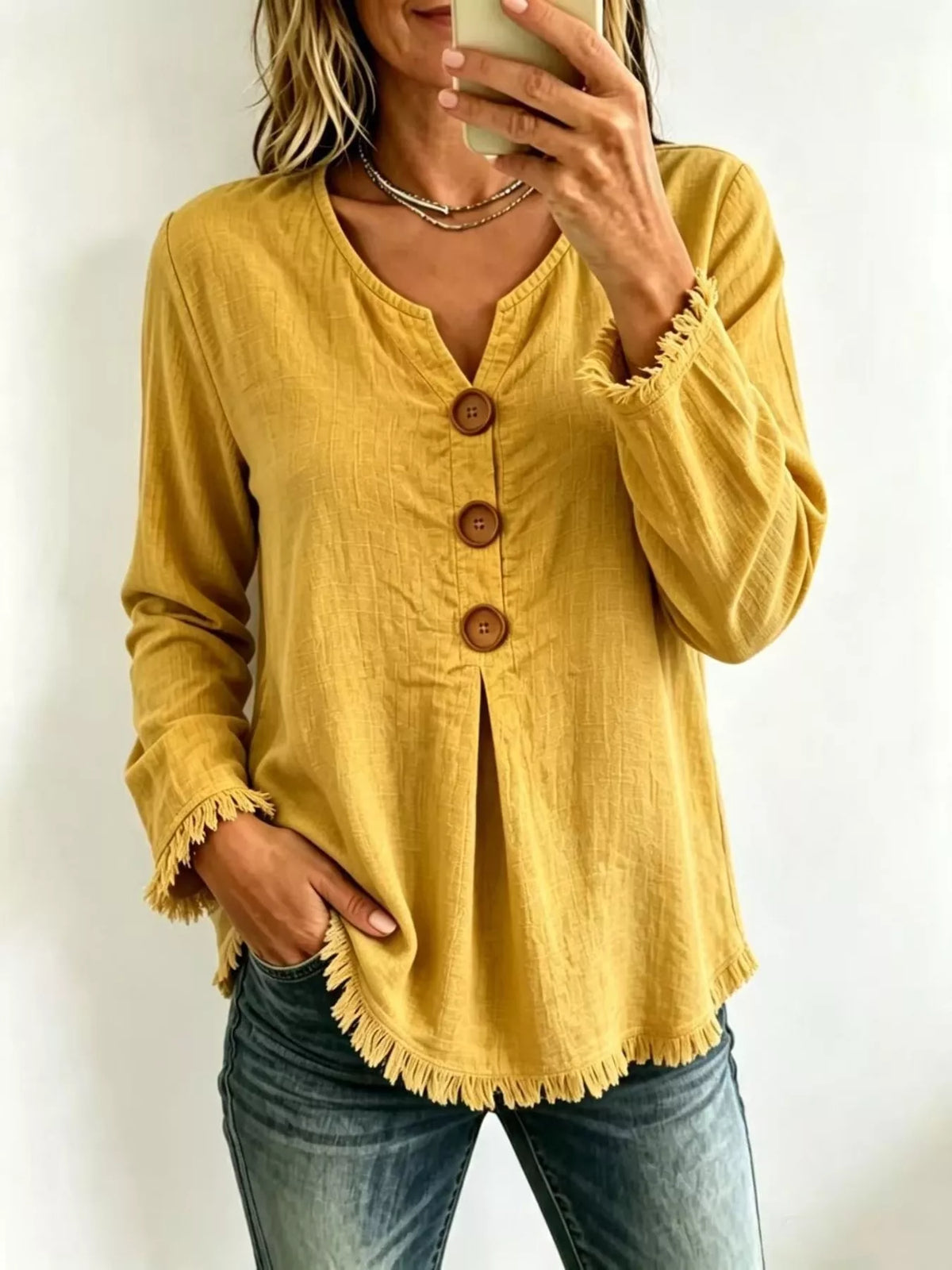Full Size Casual Half-Button Blouse with Frayed Hem Detail Plus Size in Yellow
