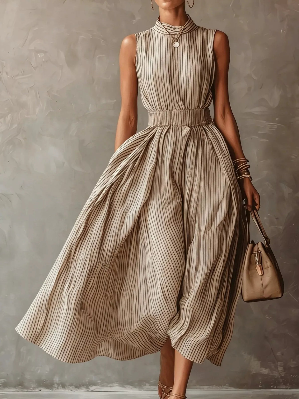 Striped Mock Neck Sleeveless Maxi Dress - Lilixa.store