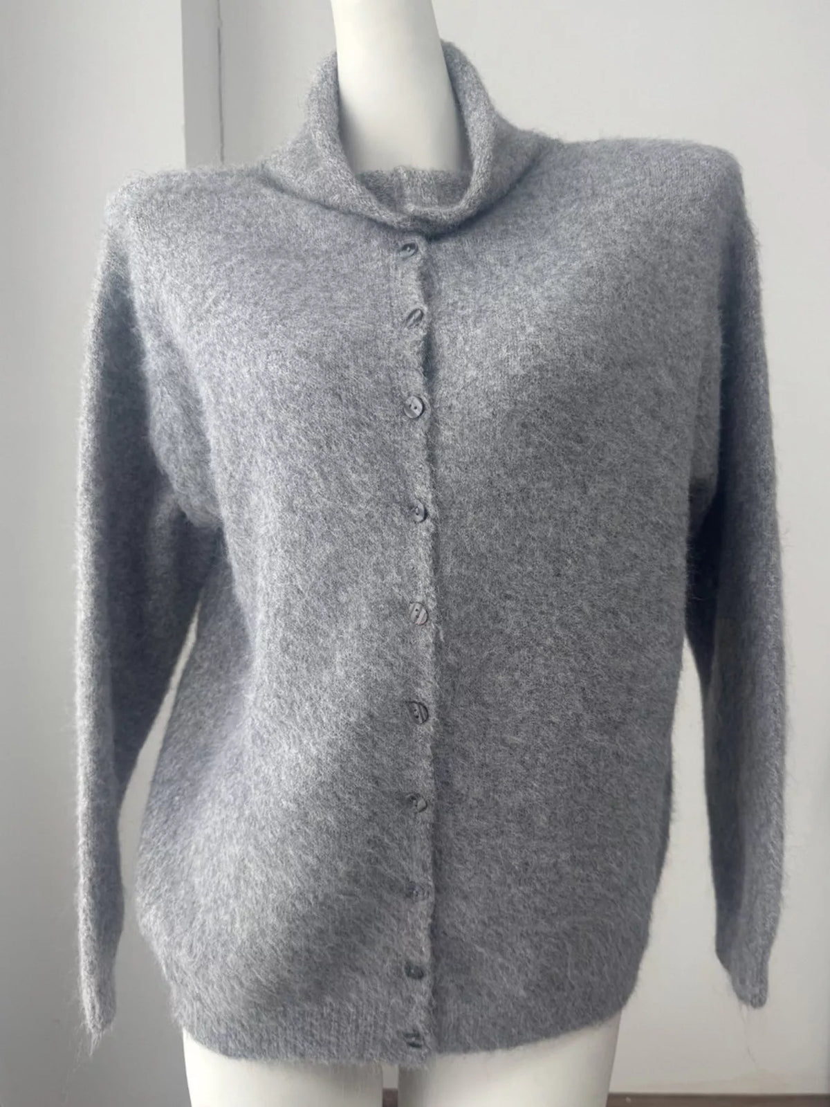 Mock Neck Button-Down Fuzzy Knit Cardigan, view 13