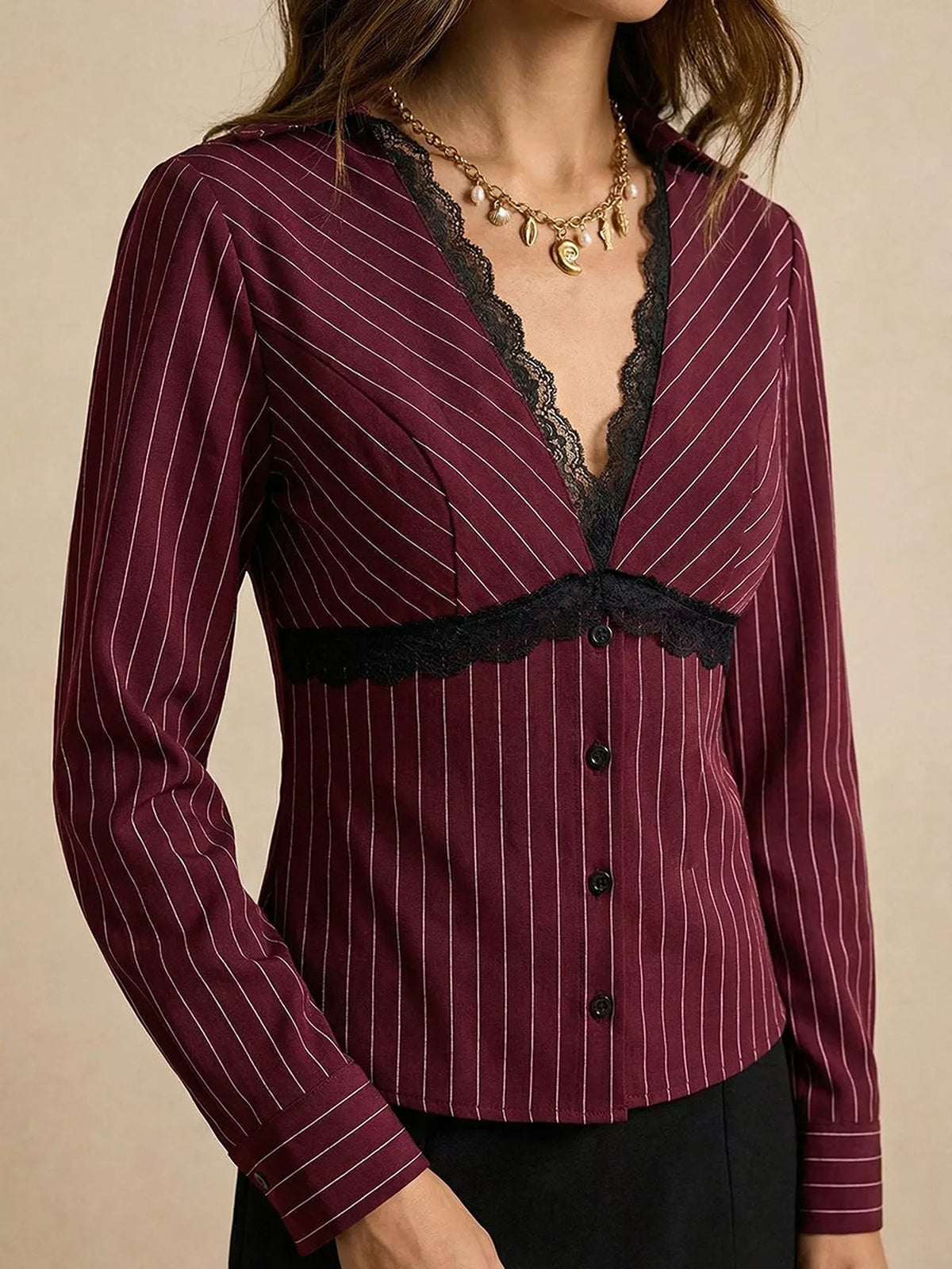 Lace Trim V-Neck Blouse - Lilixa.store