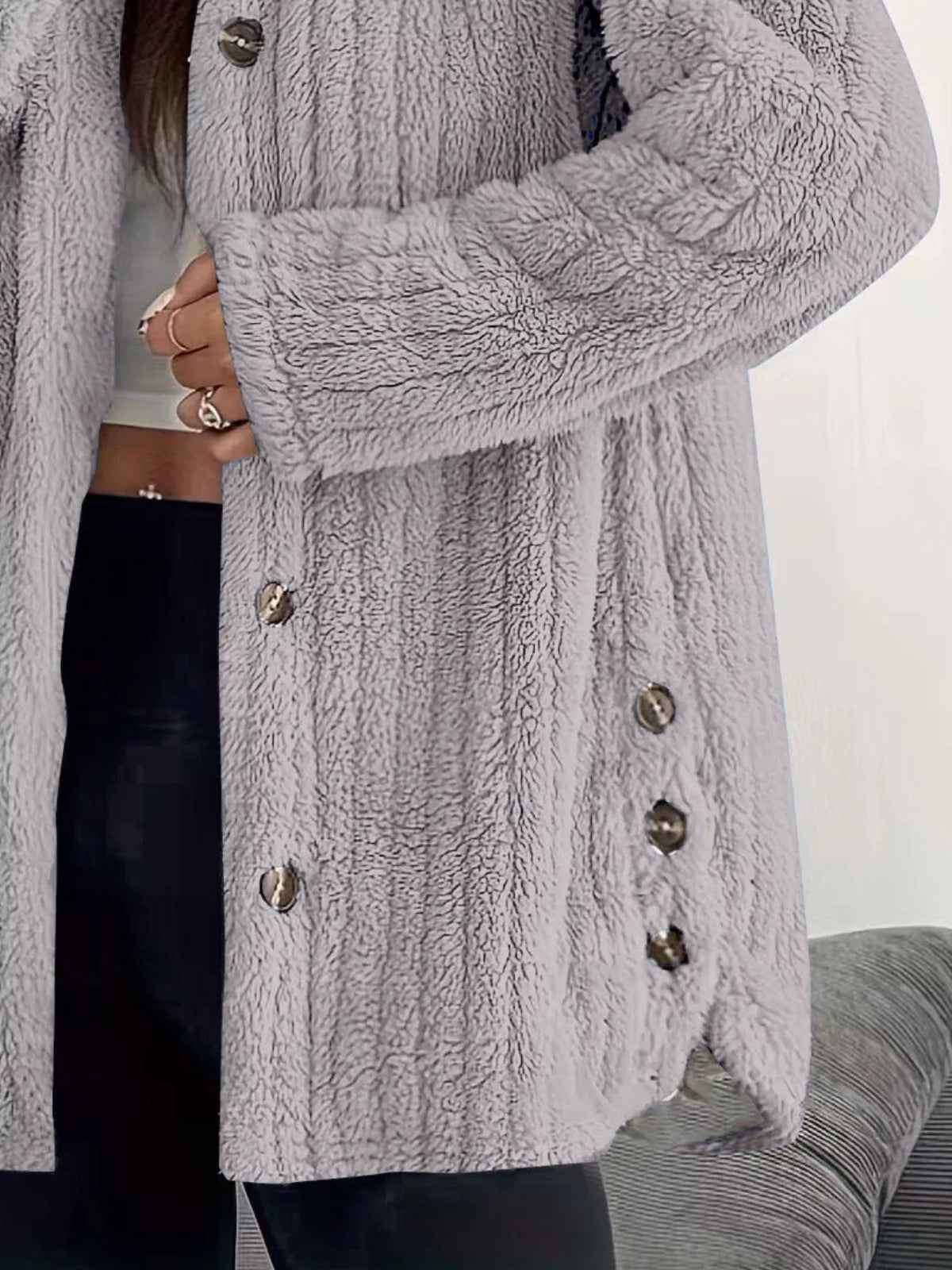 Full Size Fleece Button Up Hooded Outerwear Plus Size, view 19