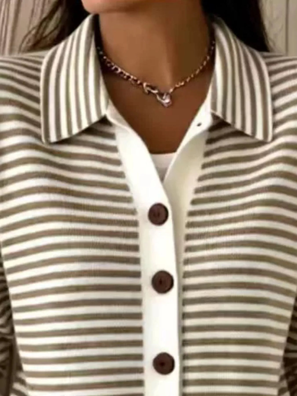 Striped Collared Button-Down Knit Cardigan - Lilixa.store