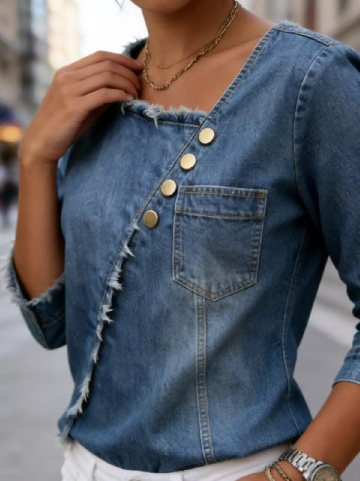 Asymmetric Raw-Edge Button-Detail Denim Top in Navy Blue, view 4