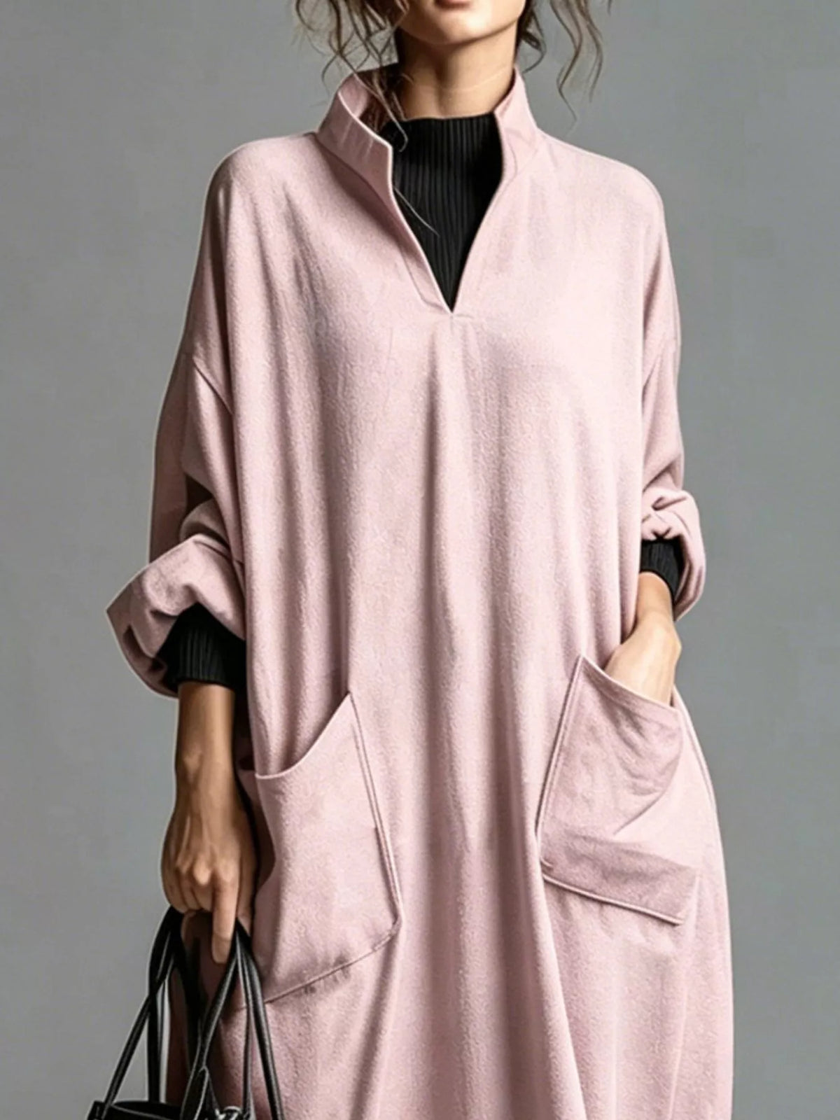 Full Size Loose-Fit Mock Neck Midi Dress with Pockets Plus Size - Lilixa.store