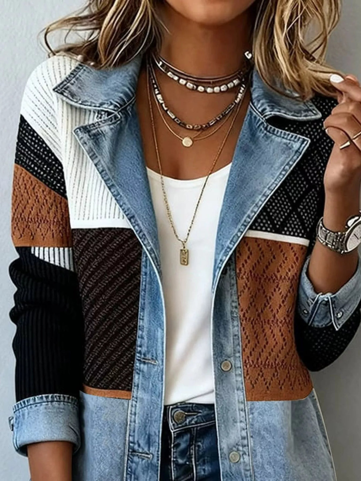 Color-Block Denim and Knit Patchwork Casual Jacket - Lilixa.store