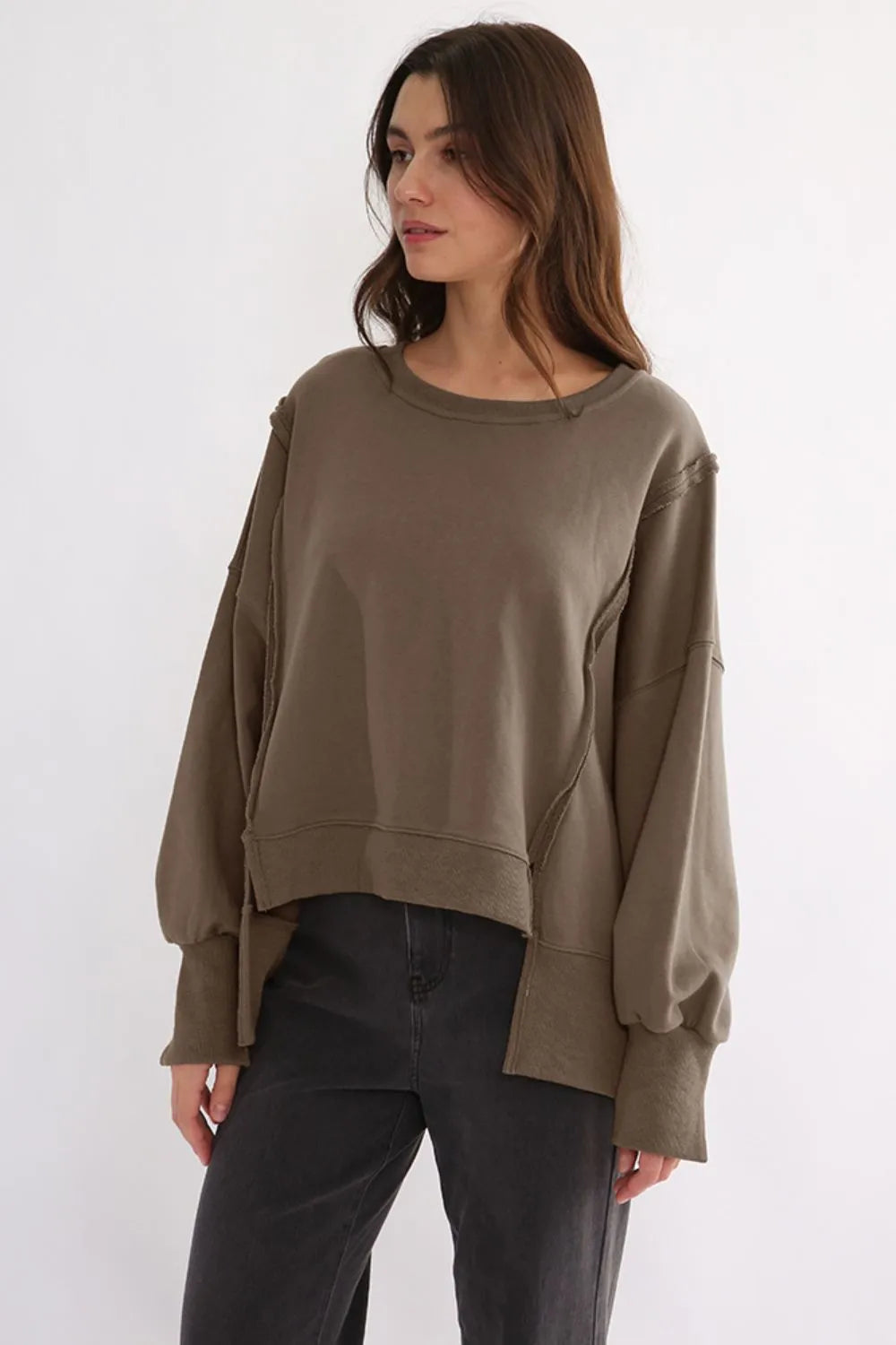 Exposed Seam High-Low Long Sleeve Sweatshirt - Lilixa.store