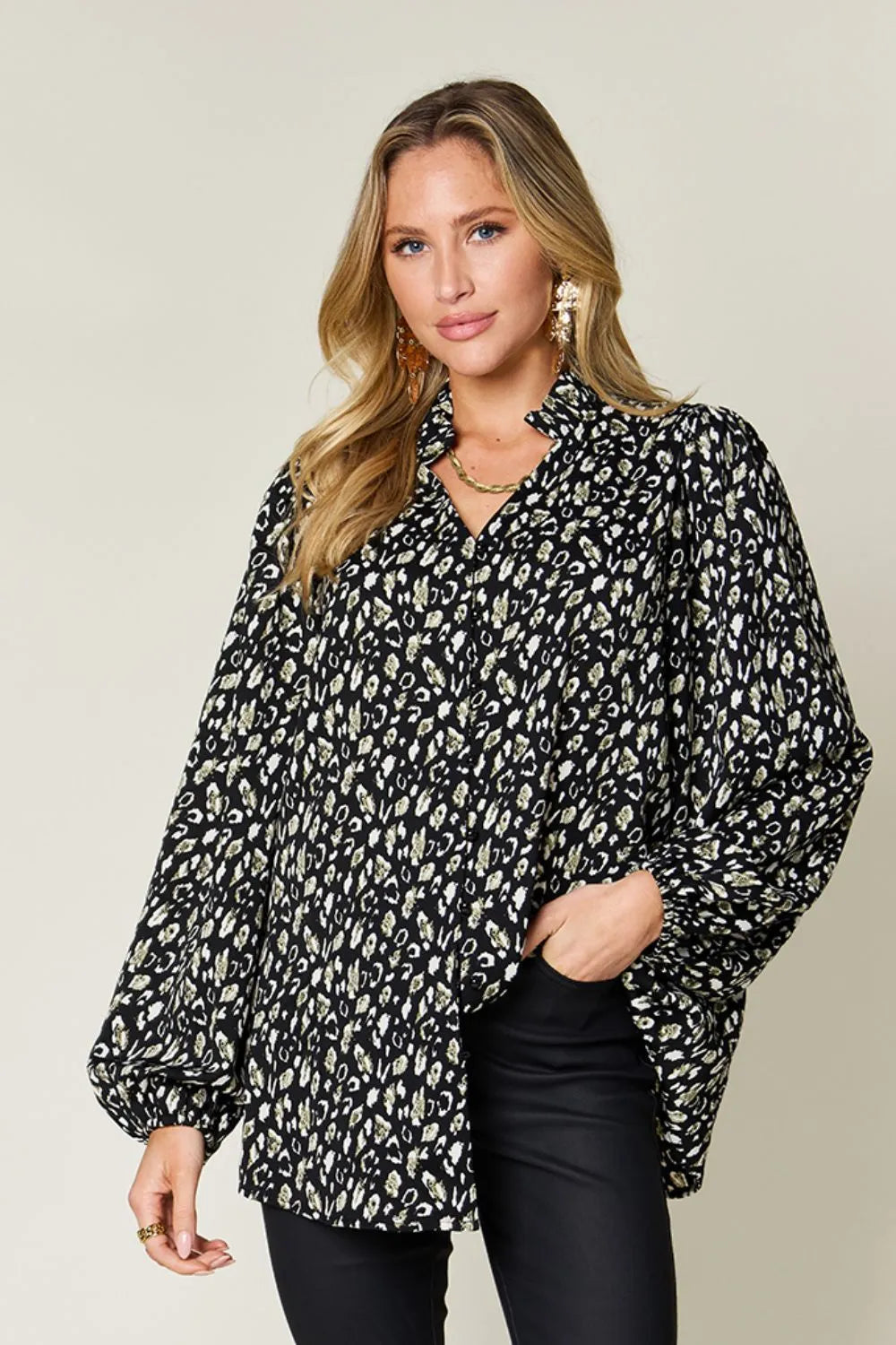 Double Take Full Size Leopard Long Sleeve Blouse - Lilixa.store