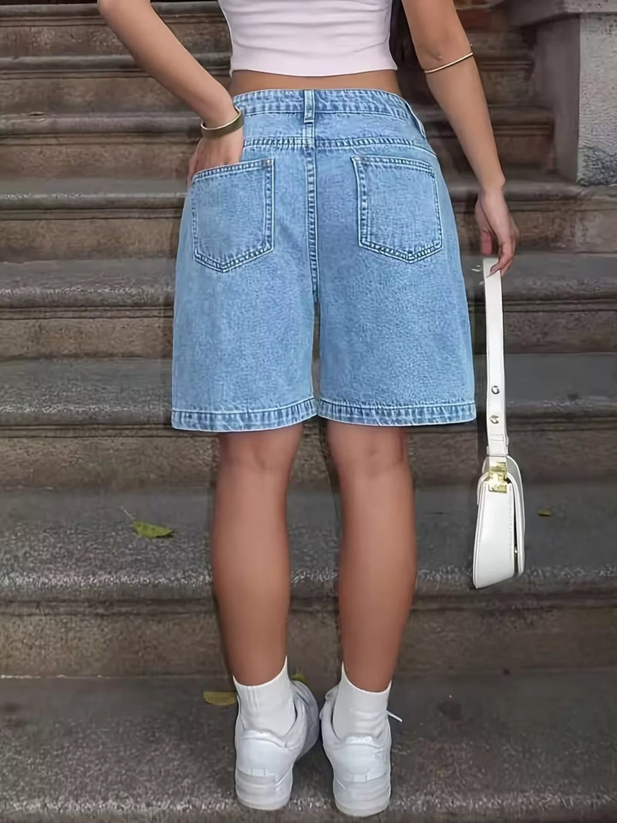 High Waist Relaxed Fit Denim Shorts in Light Blue, view 2