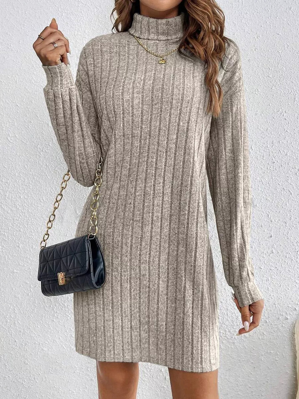 Turtleneck Ribbed Knit Dress - Lilixa.store