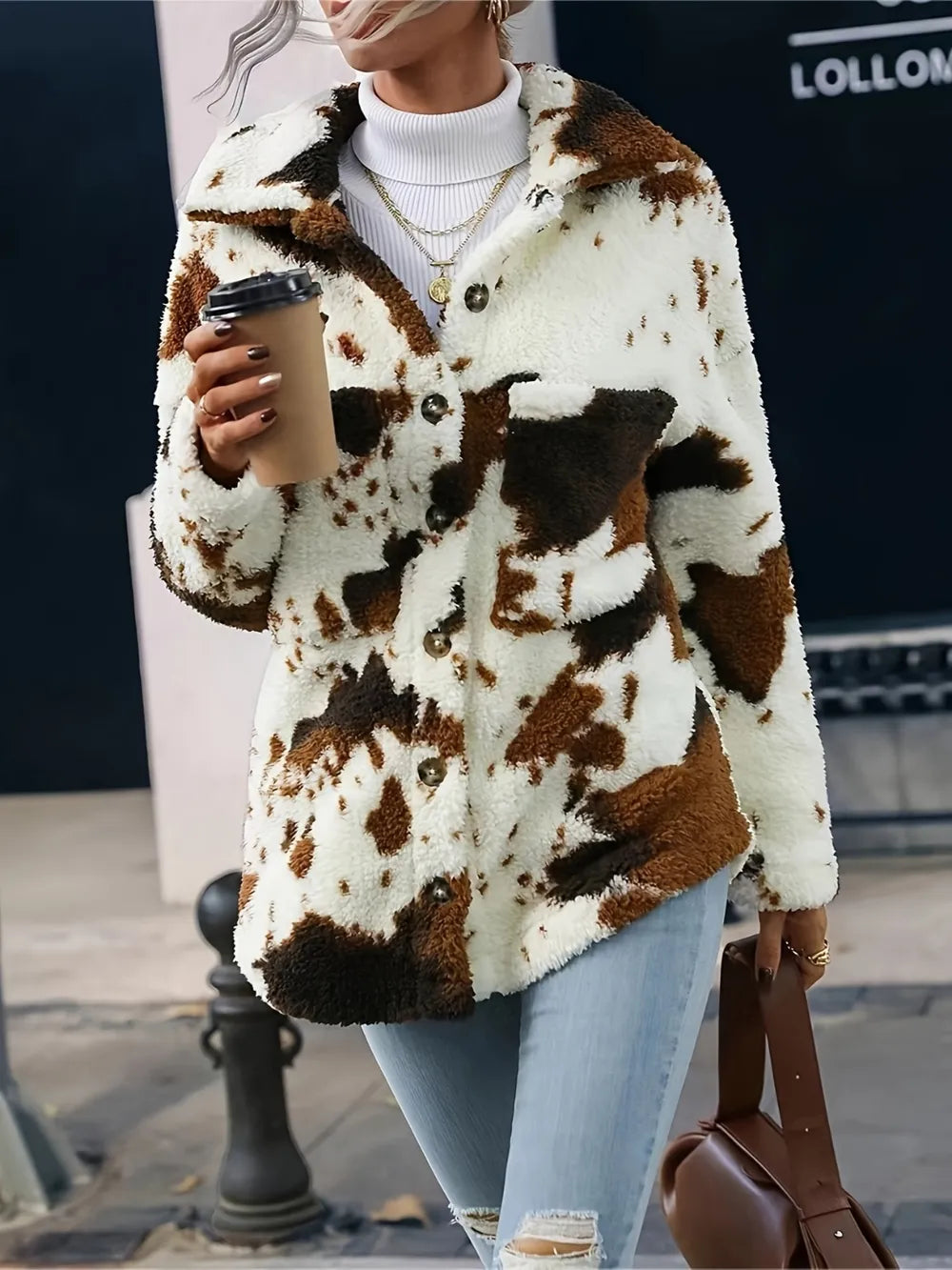 Cow Print Collared Neck Button Up Fuzzy Jacket, view 6