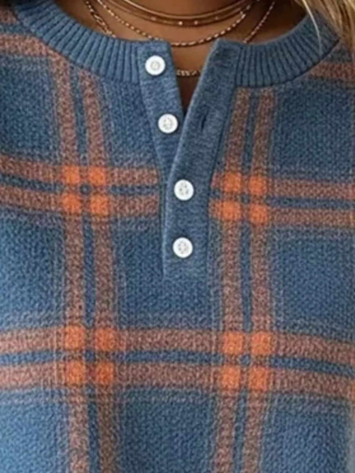 Full Size Plaid Button Detail Long Sleeve Sweatshirt Plus Size - Lilixa.store