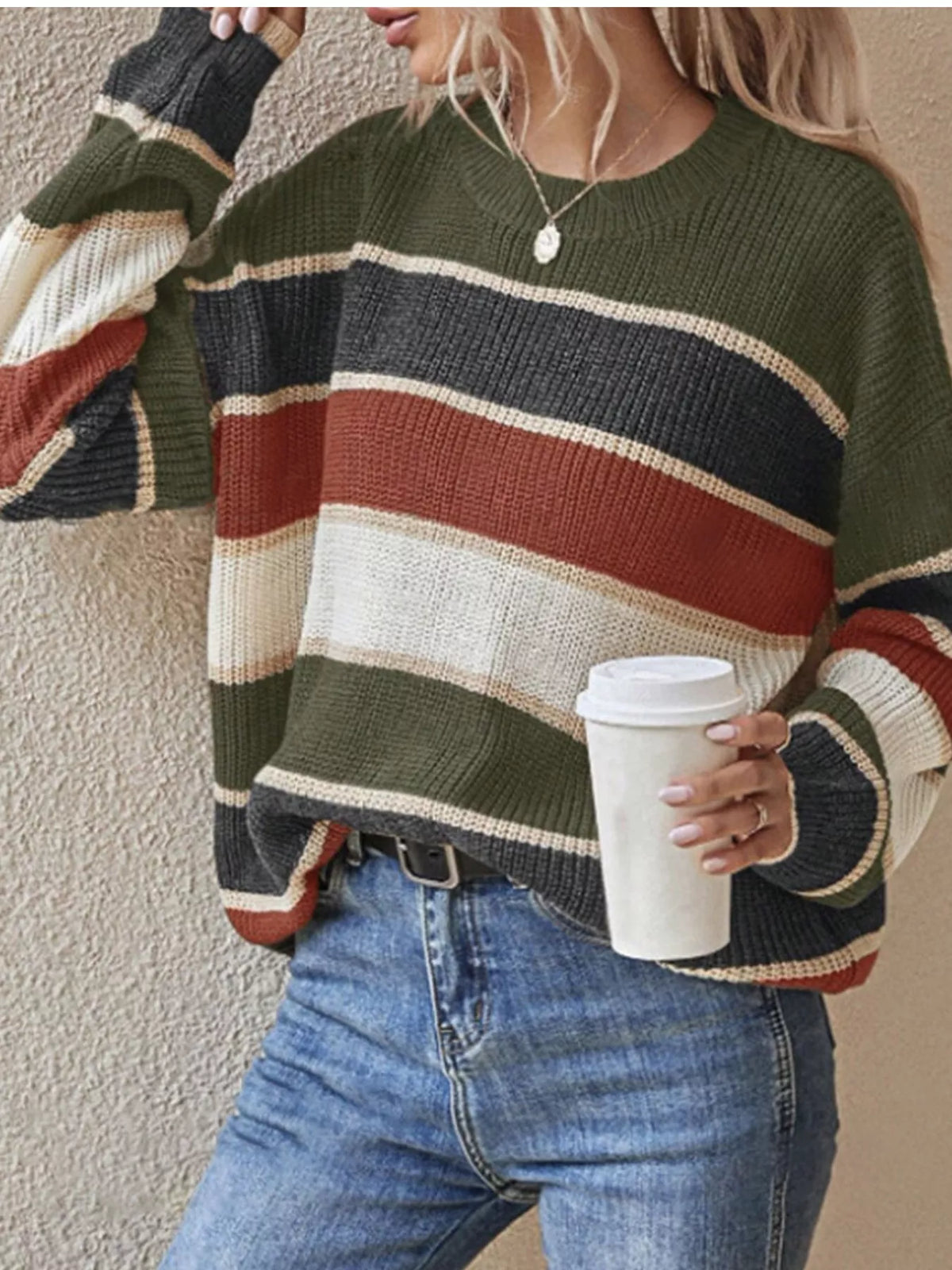 Color Block Striped Crew Neck Sweater