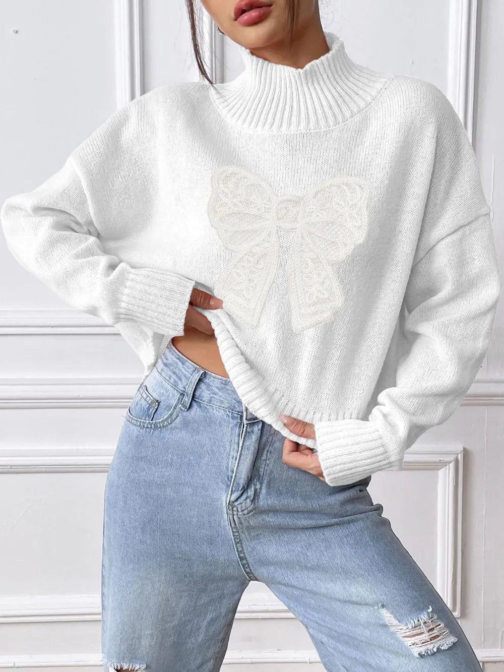 Bow Turtleneck Long Sleeve Sweater - Lilixa.store