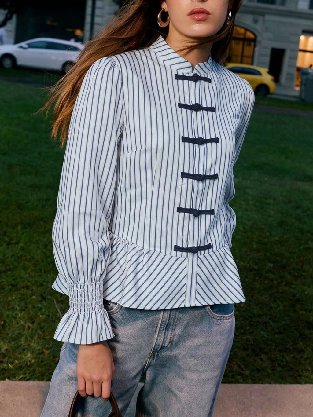 Striped Mandarin Knot Buttons Peplum Hem Shirt - Lilixa.store